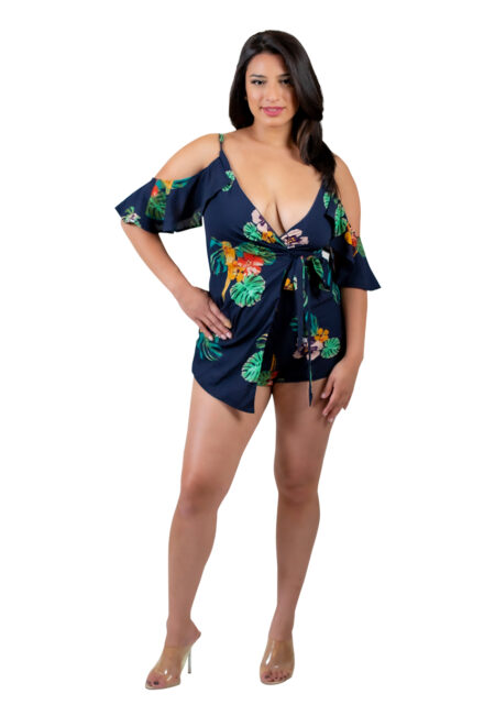 Cold Shoulder Ruffle Navy Romper for Women