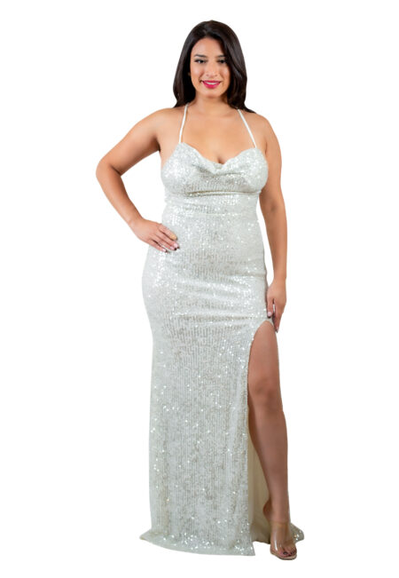 Women’s Sequins Adjustable Spaghetti Strap with Slit Backless Maxi Dress this show stopping silver sequin maxi dress. Featuring a sparkly silver fabric,