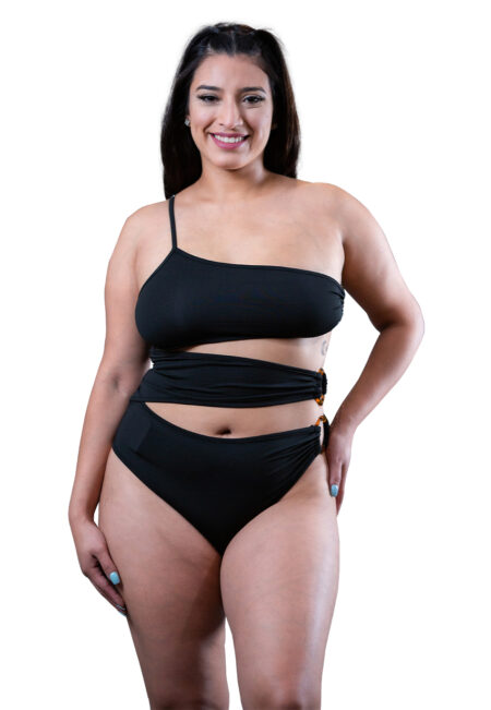 black asymmetrical wrap tankini swim suit set